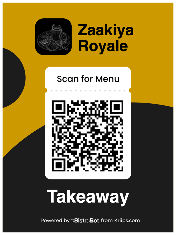 BistroBot takeaway QR standee for Zaakiya Royale — scan for menu