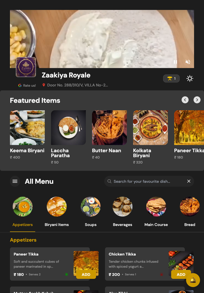 BistroBot Menu Tablet App — the live Zaakiya Royale menu on a 10-inch tablet, with featured items and categories